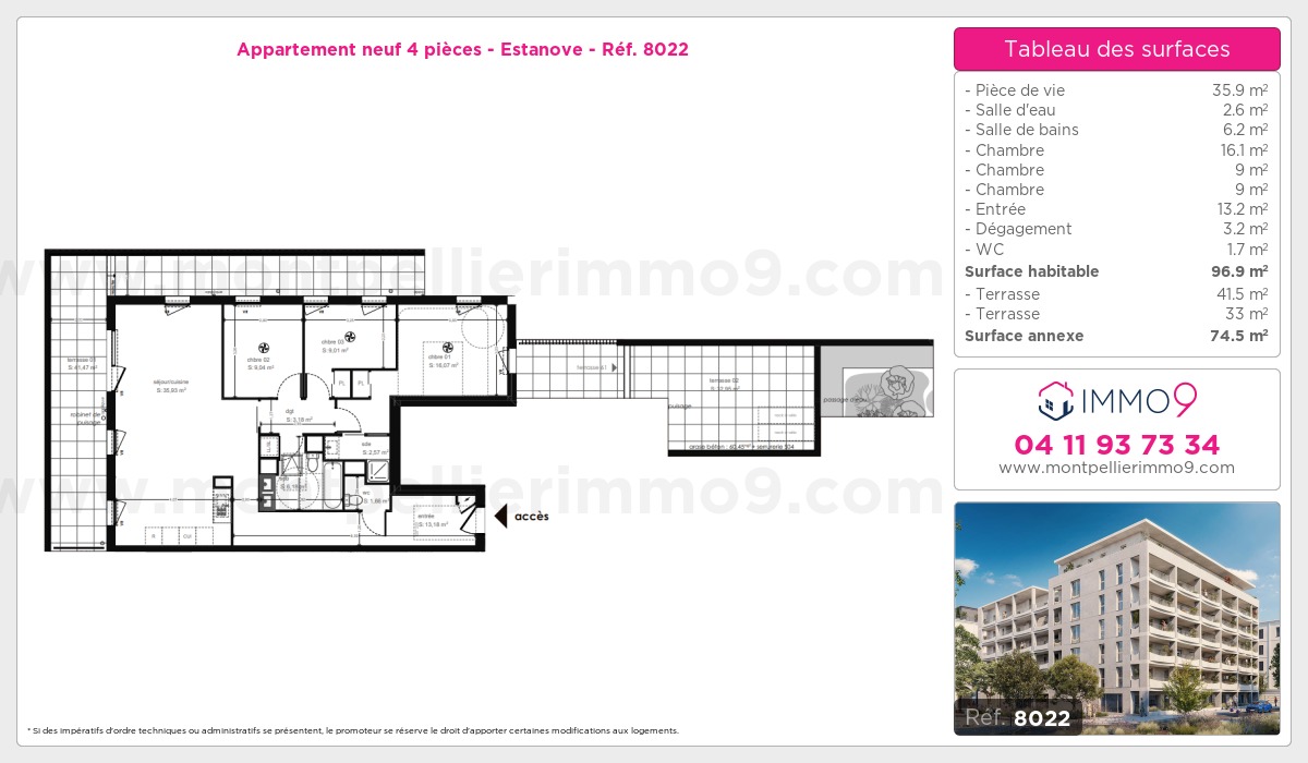 Plan et surfaces, Programme neuf Montpellier : Estanove Référence n° 8022