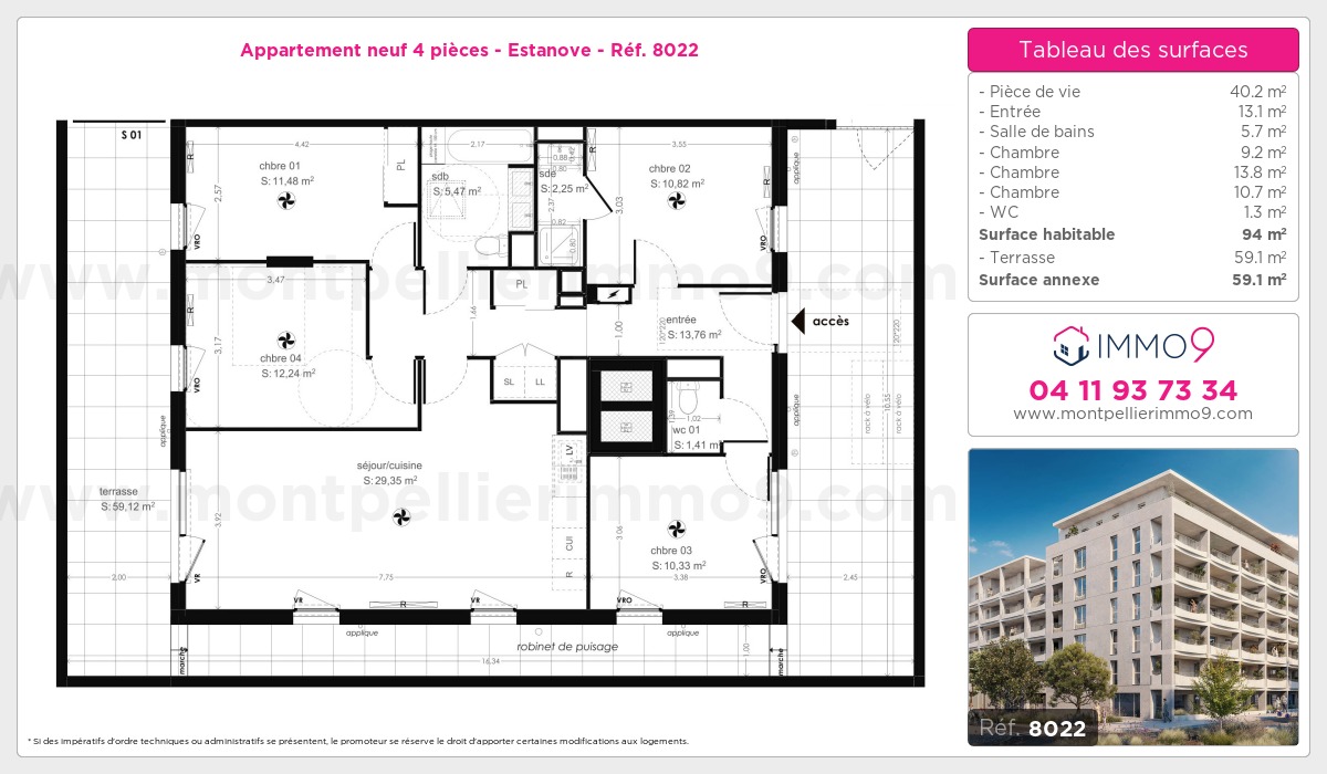 Plan et surfaces, Programme neuf Montpellier : Estanove Référence n° 8022