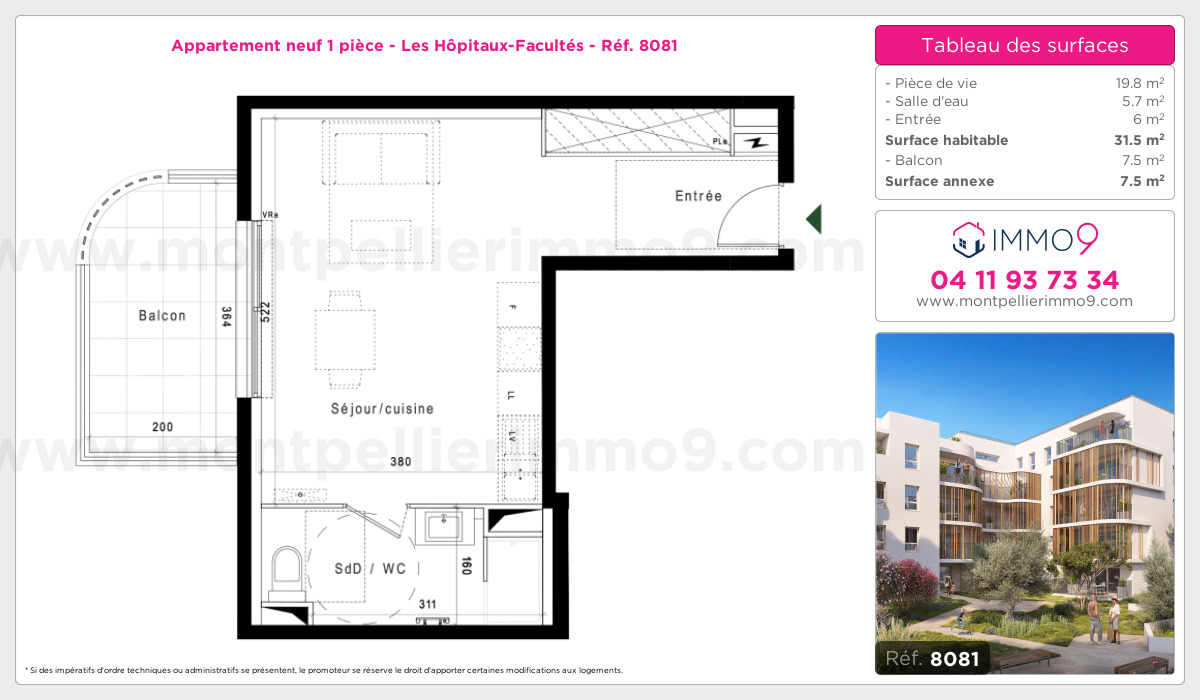 Plan et surfaces, Programme neuf Montpellier : Hôpitaux-Facultés Référence n° 8081