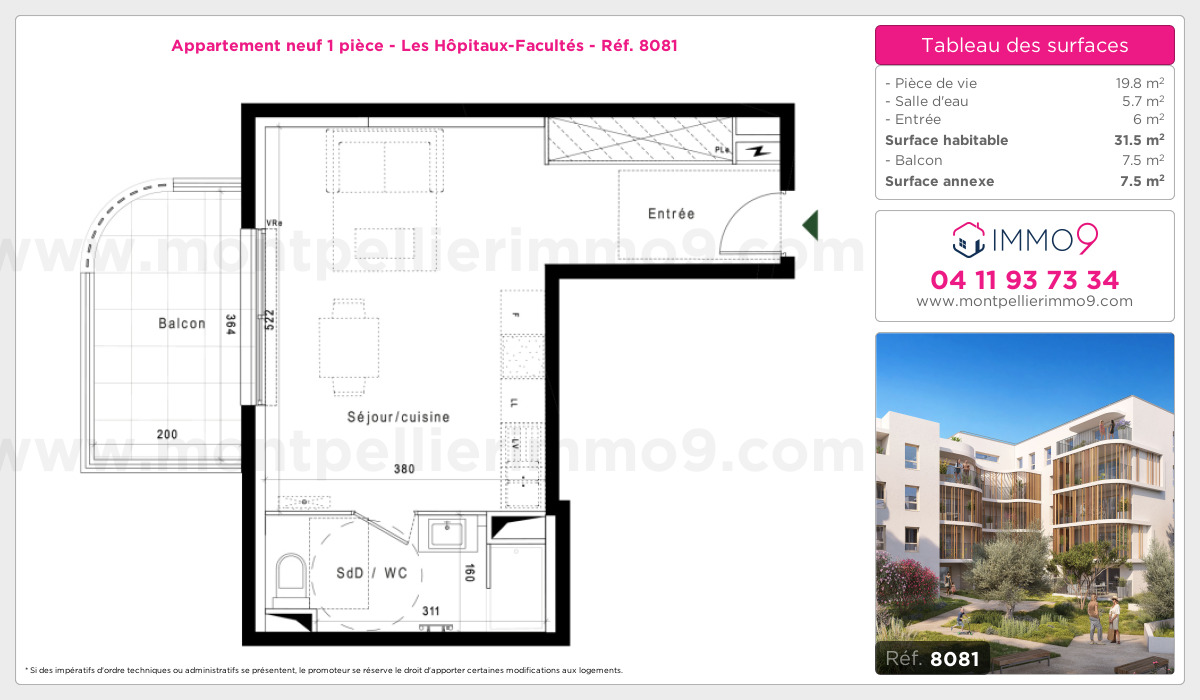 Plan et surfaces, Programme neuf Montpellier : Hôpitaux-Facultés Référence n° 8081
