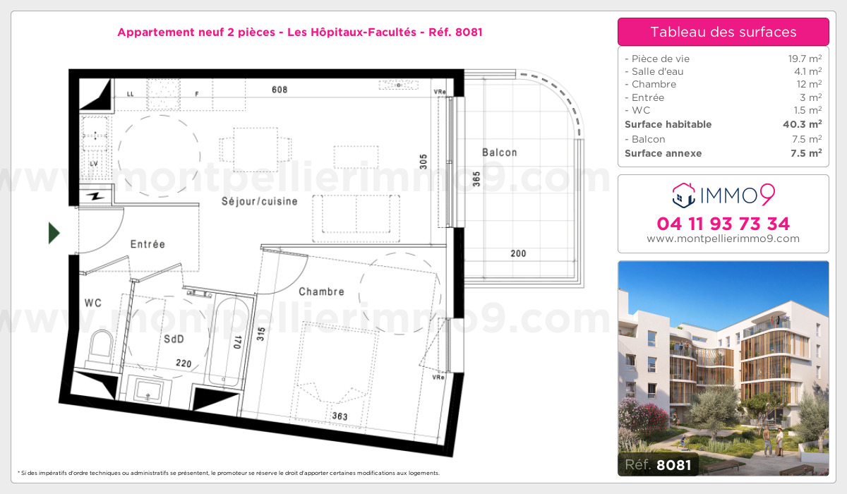 Plan et surfaces, Programme neuf Montpellier : Hôpitaux-Facultés Référence n° 8081