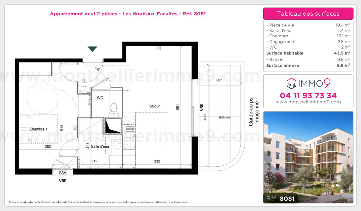 Plan et surfaces, Programme neuf Montpellier : Hôpitaux-Facultés Référence n° 8081