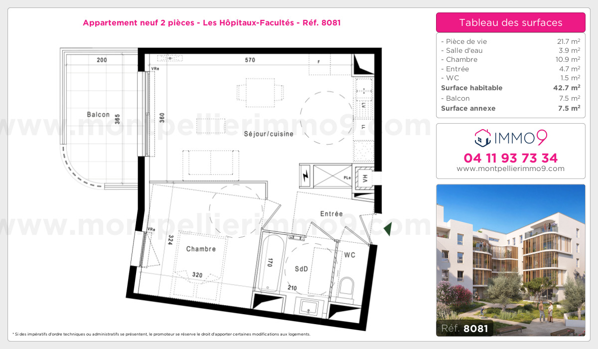 Plan et surfaces, Programme neuf Montpellier : Hôpitaux-Facultés Référence n° 8081