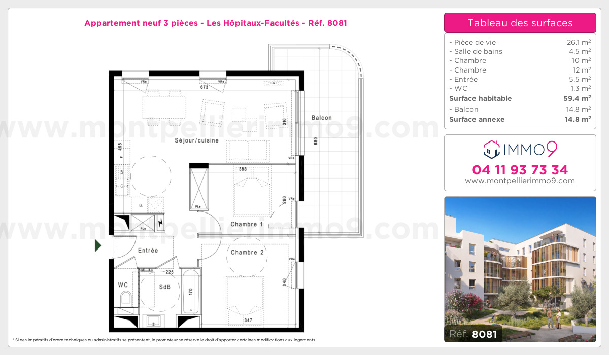 Plan et surfaces, Programme neuf Montpellier : Hôpitaux-Facultés Référence n° 8081