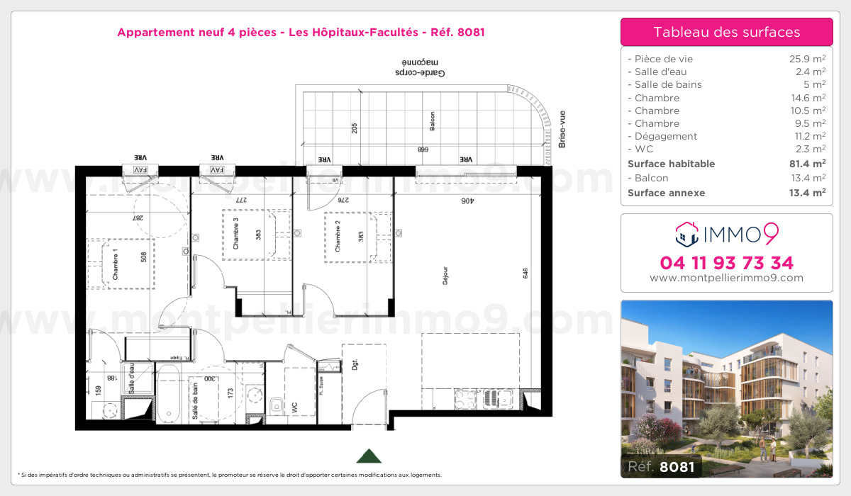 Plan et surfaces, Programme neuf Montpellier : Hôpitaux-Facultés Référence n° 8081