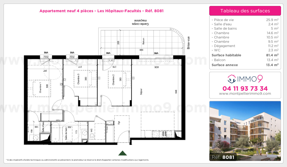 Plan et surfaces, Programme neuf Montpellier : Hôpitaux-Facultés Référence n° 8081