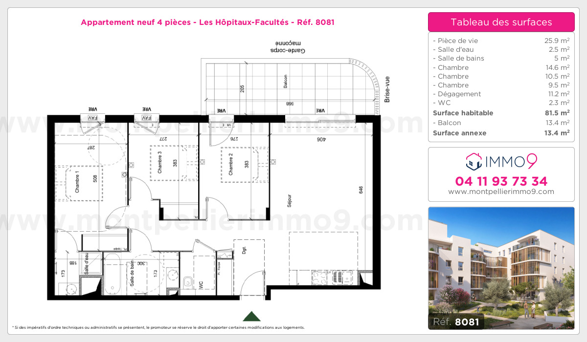 Plan et surfaces, Programme neuf Montpellier : Hôpitaux-Facultés Référence n° 8081