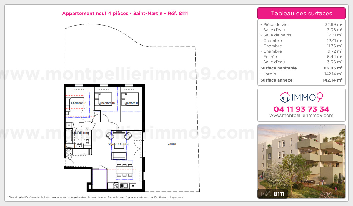 Plan et surfaces, Programme neuf Montpellier : Saint-Martin Référence n° 8111