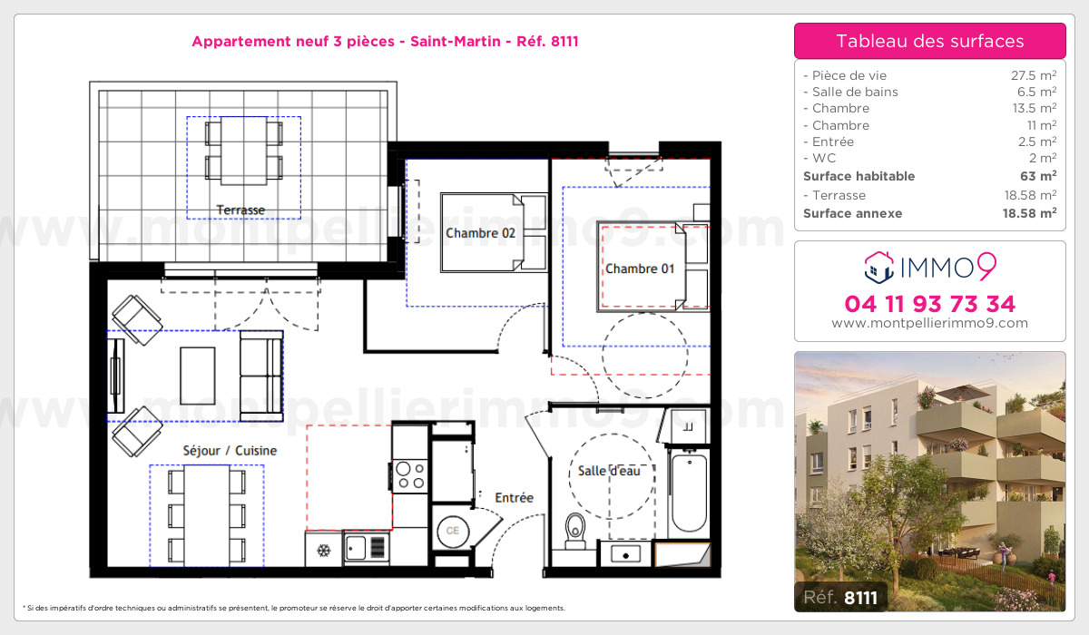 Plan et surfaces, Programme neuf Montpellier : Saint-Martin Référence n° 8111