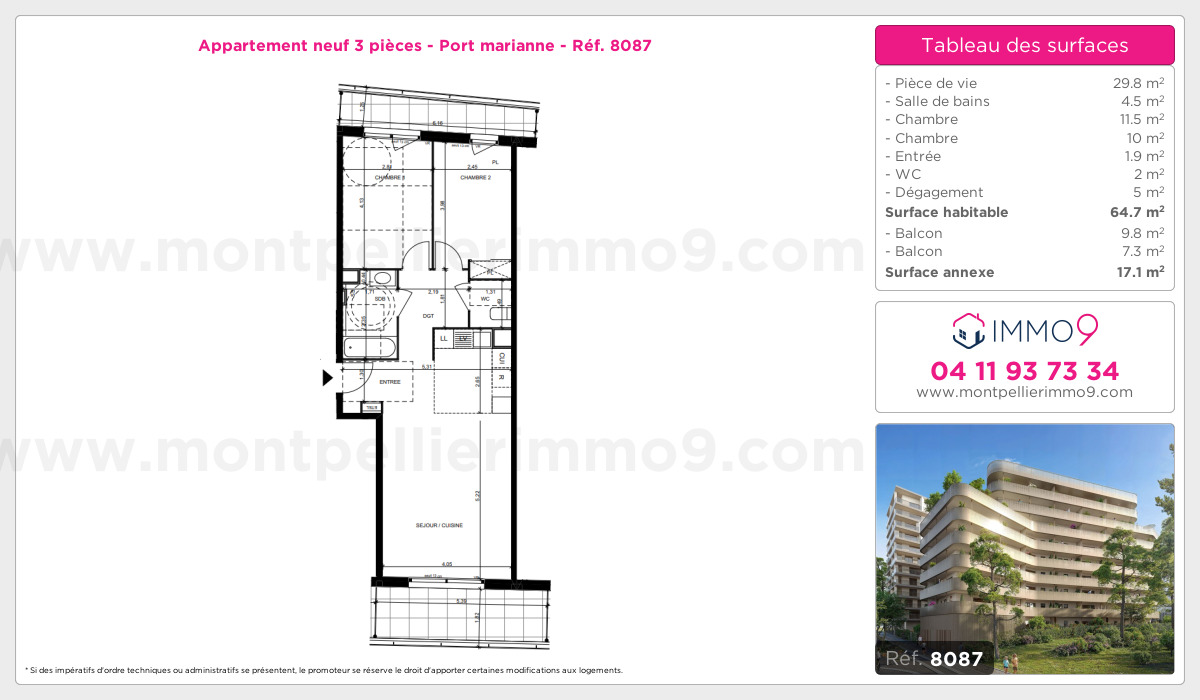 Plan et surfaces, Programme neuf Montpellier : Port marianne Référence n° 8087