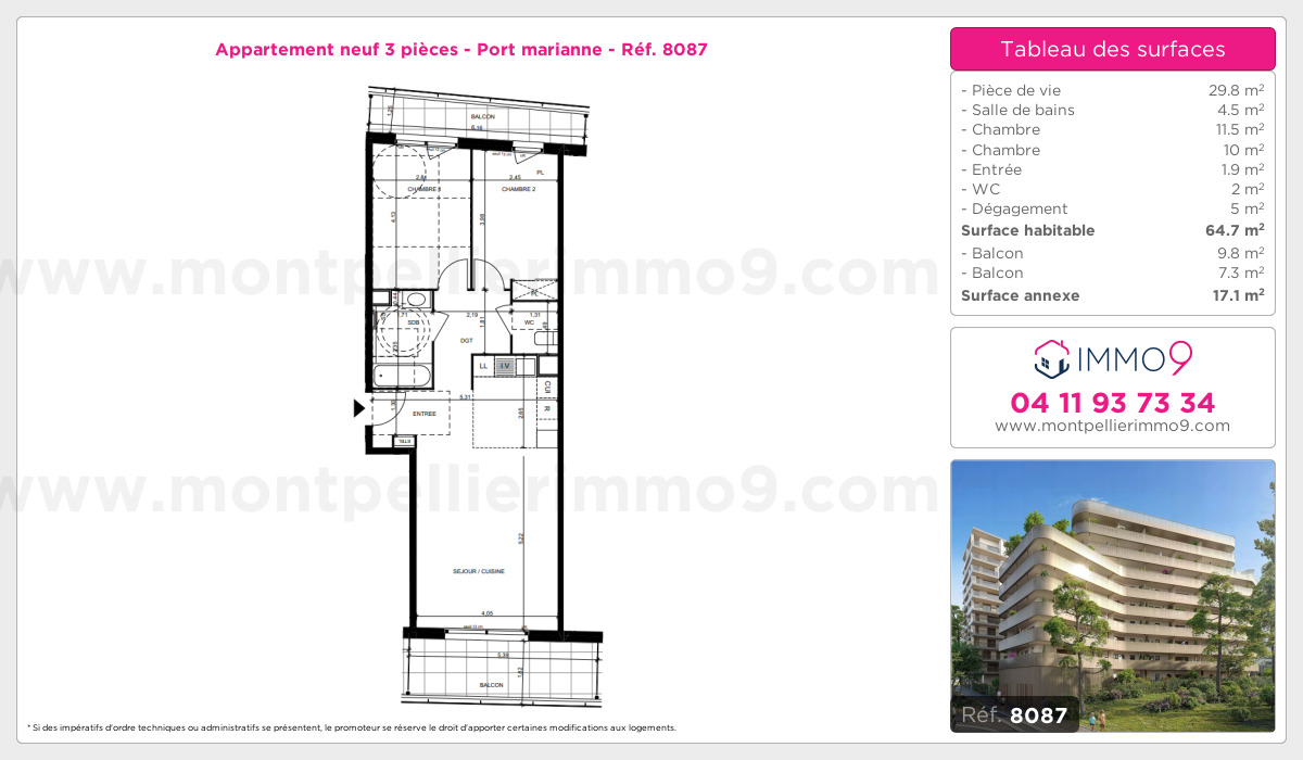 Plan et surfaces, Programme neuf Montpellier : Port marianne Référence n° 8087