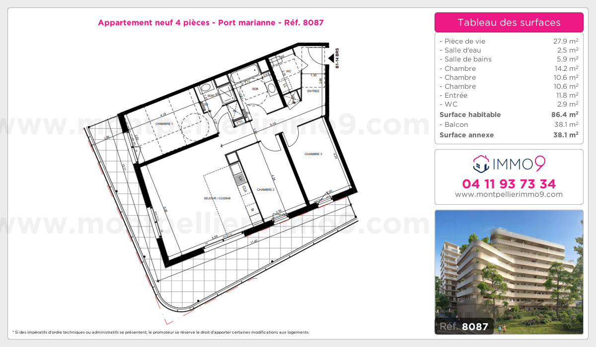 Plan et surfaces, Programme neuf Montpellier : Port marianne Référence n° 8087