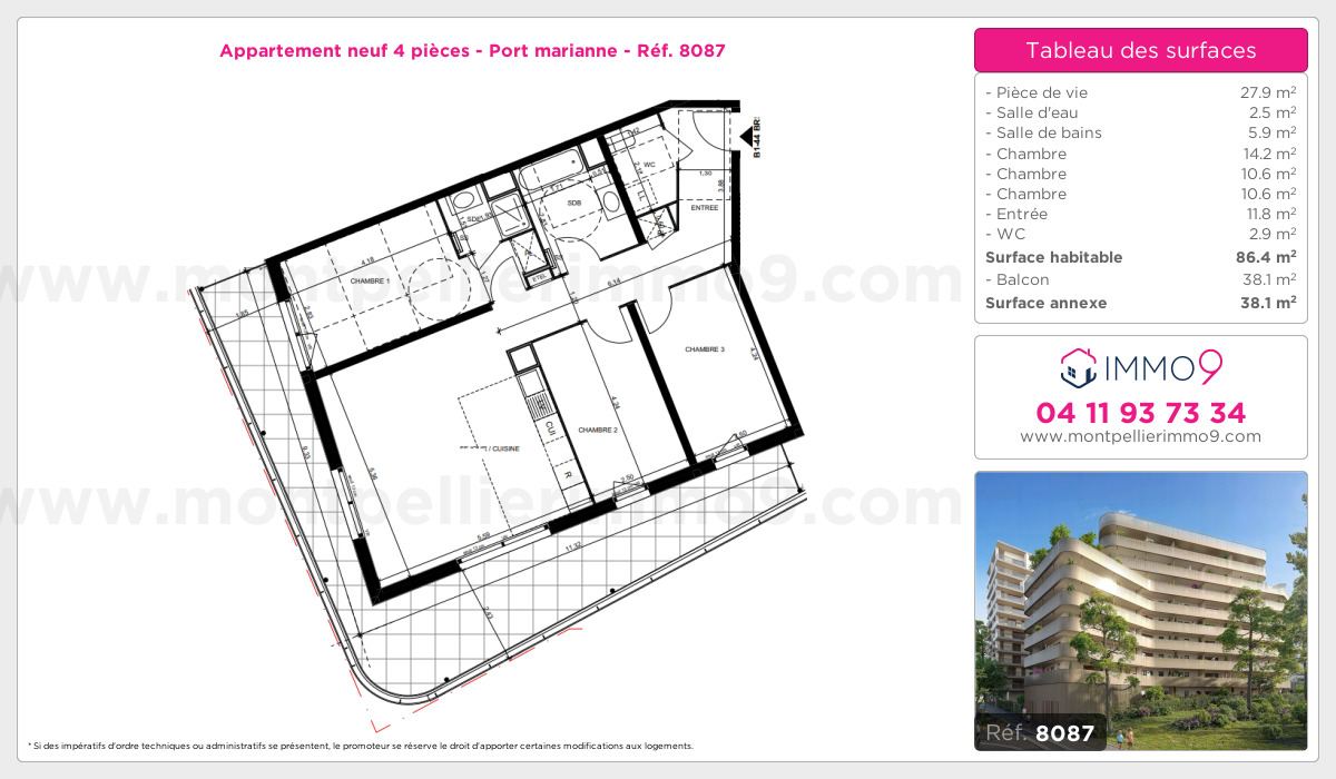 Plan et surfaces, Programme neuf Montpellier : Port marianne Référence n° 8087
