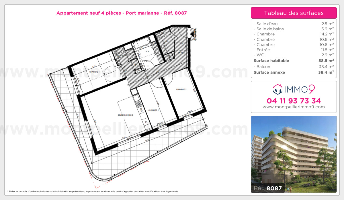 Plan et surfaces, Programme neuf Montpellier : Port marianne Référence n° 8087