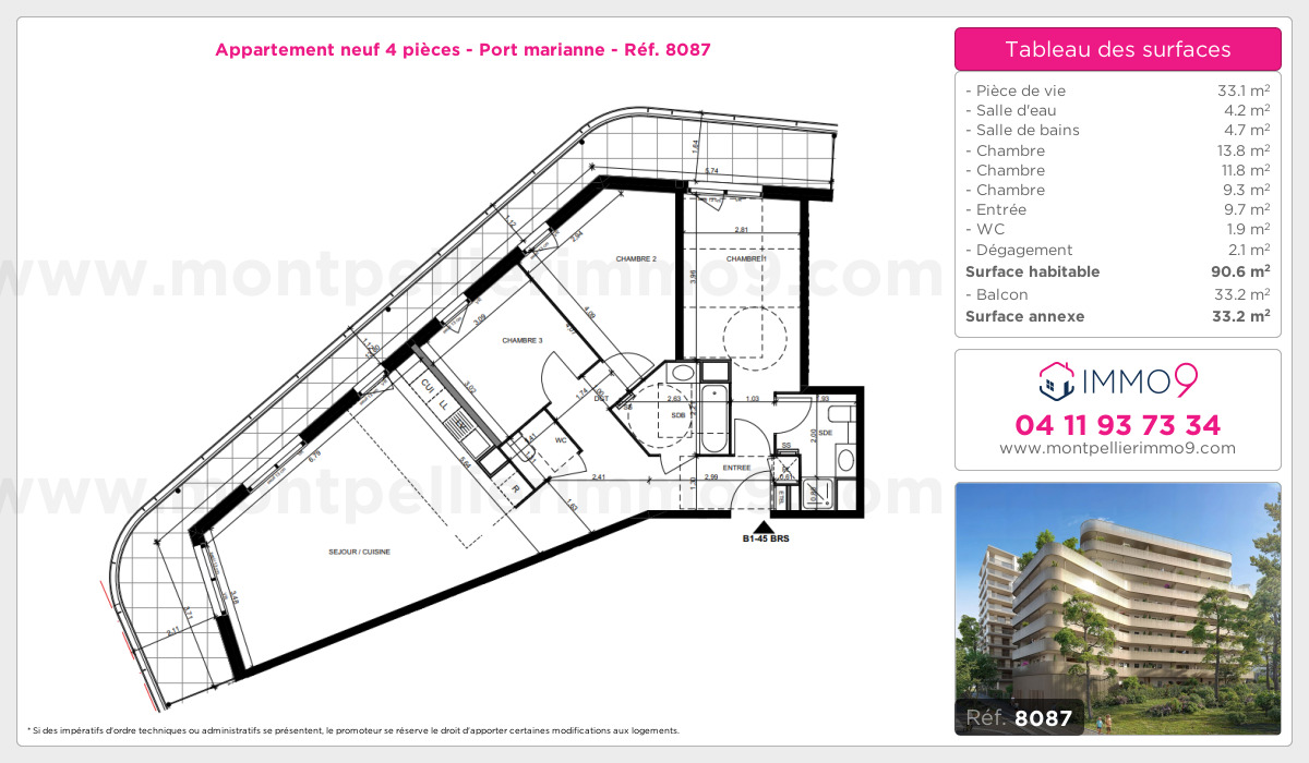Plan et surfaces, Programme neuf Montpellier : Port marianne Référence n° 8087
