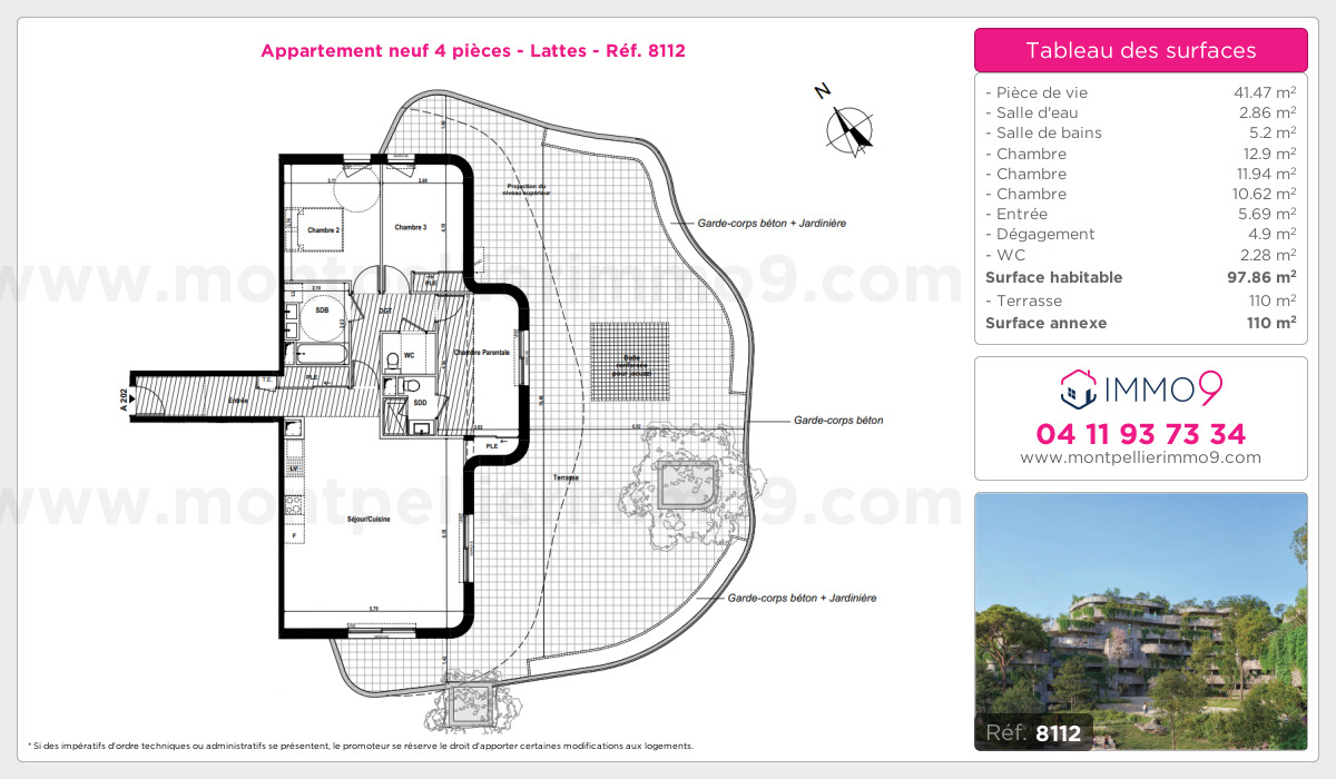 Plan et surfaces, Programme neuf Lattes Référence n° 8112