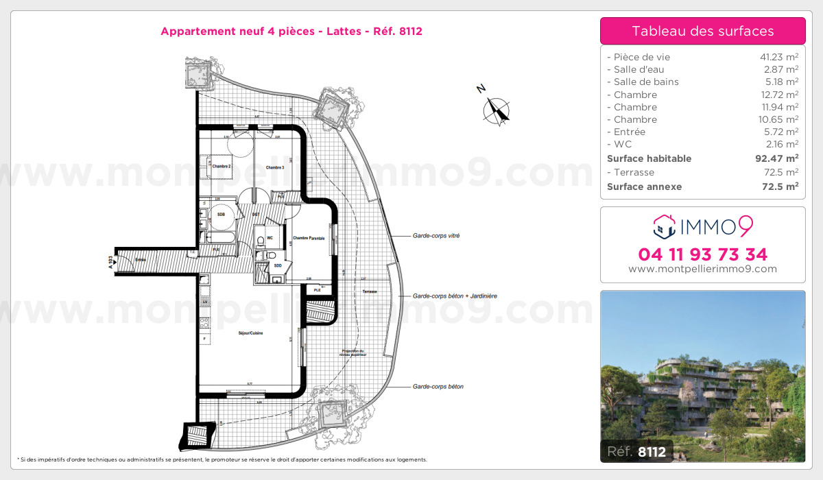 Plan et surfaces, Programme neuf Lattes Référence n° 8112