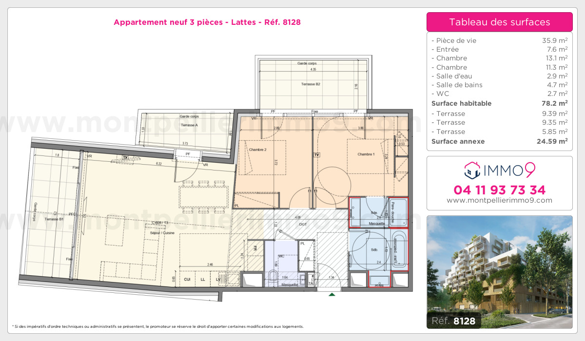 Plan et surfaces, Programme neuf Lattes Référence n° 8128