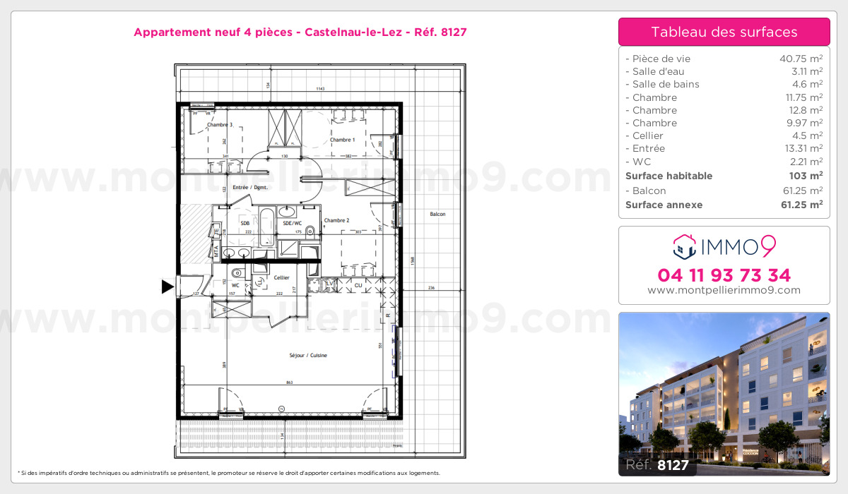 Plan et surfaces, Programme neuf Castelnau-le-Lez Référence n° 8127