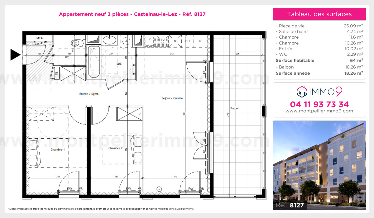 Plan et surfaces, Programme neuf Castelnau-le-Lez Référence n° 8127