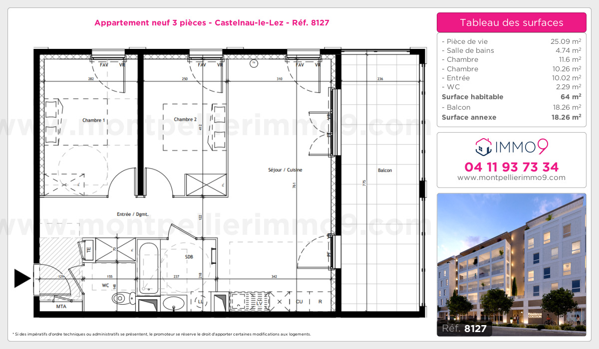 Plan et surfaces, Programme neuf Castelnau-le-Lez Référence n° 8127
