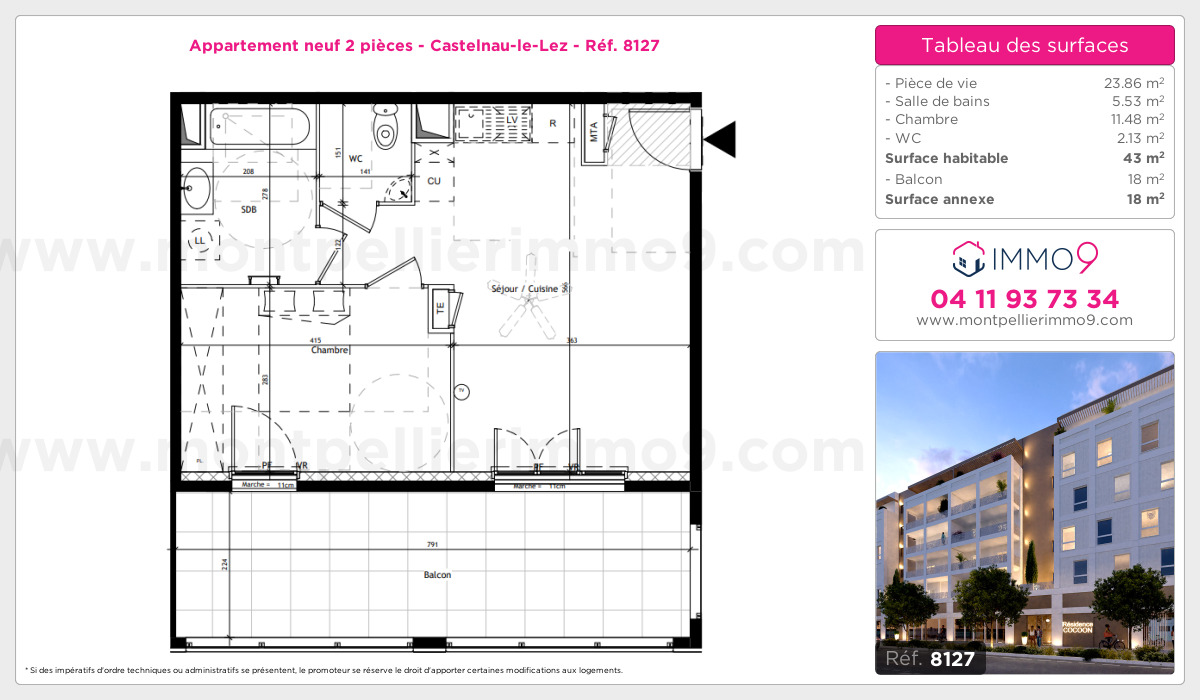 Plan et surfaces, Programme neuf Castelnau-le-Lez Référence n° 8127