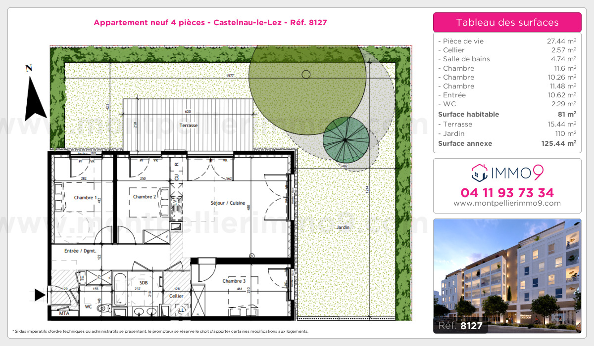 Plan et surfaces, Programme neuf Castelnau-le-Lez Référence n° 8127