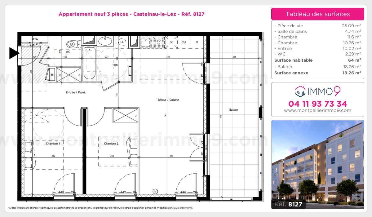 Plan et surfaces, Programme neuf Castelnau-le-Lez Référence n° 8127