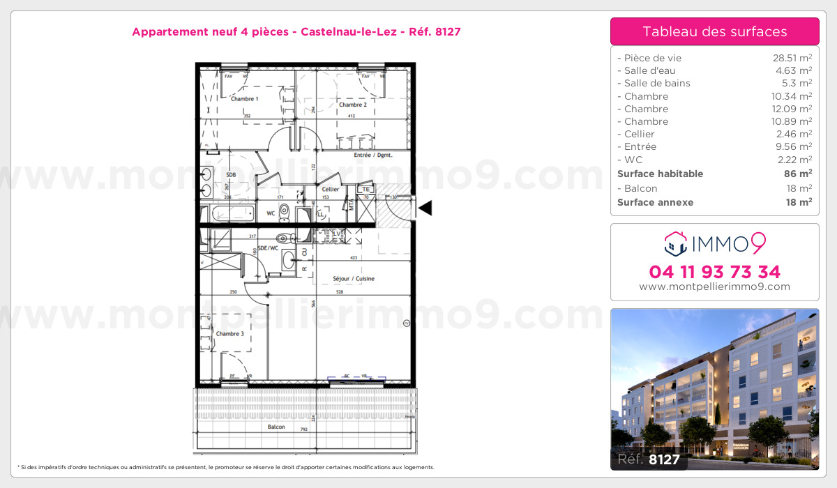 Plan et surfaces, Programme neuf Castelnau-le-Lez Référence n° 8127