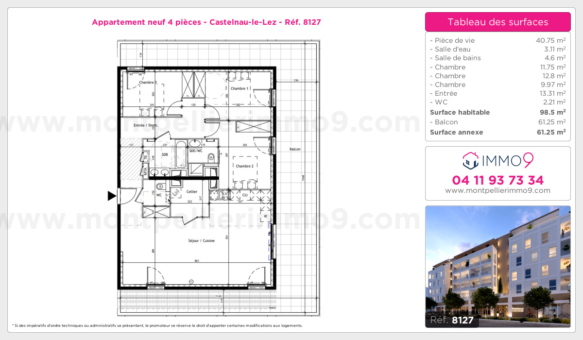 Plan et surfaces, Programme neuf Castelnau-le-Lez Référence n° 8127