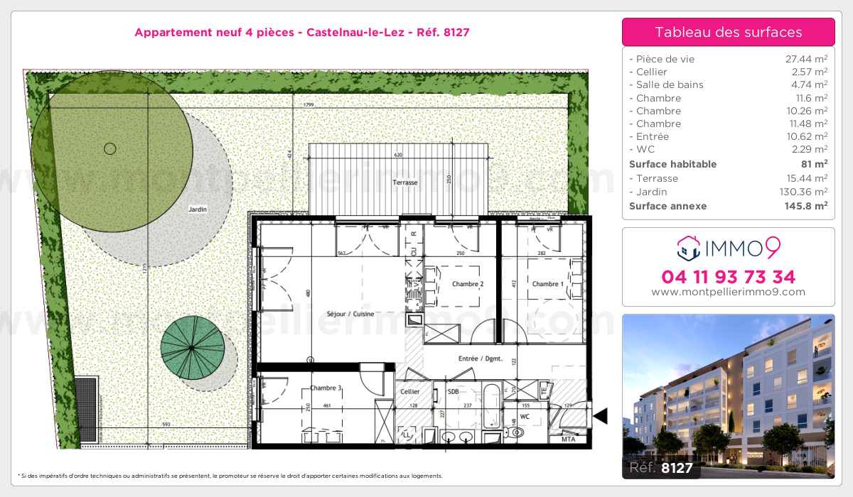 Plan et surfaces, Programme neuf Castelnau-le-Lez Référence n° 8127