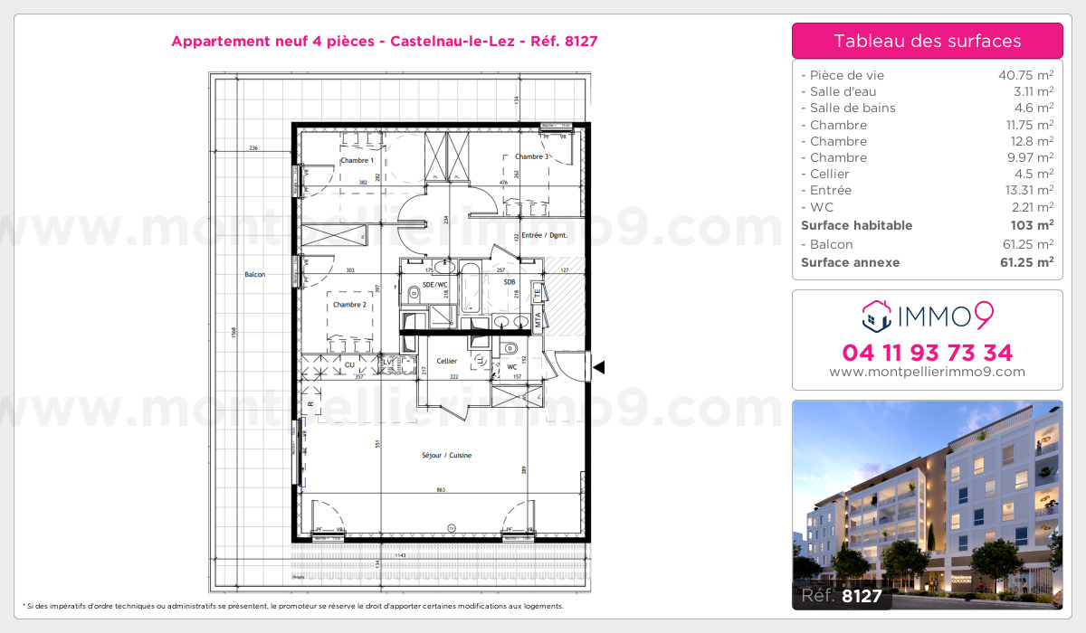 Plan et surfaces, Programme neuf Castelnau-le-Lez Référence n° 8127