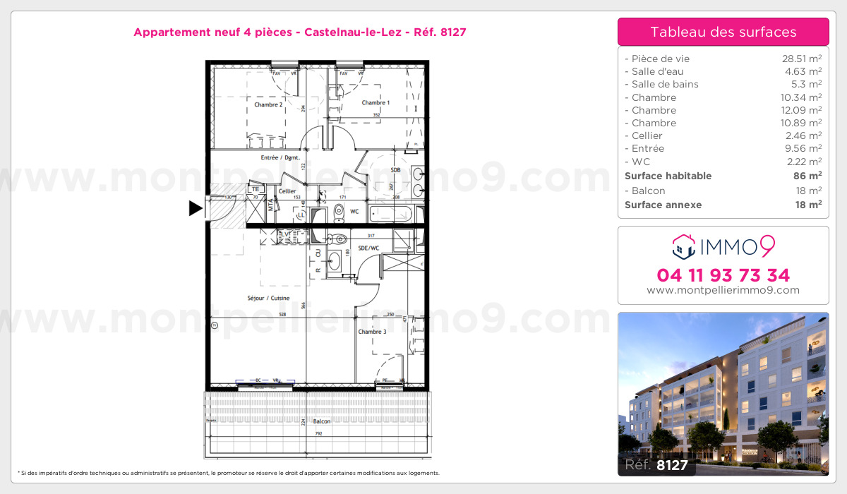 Plan et surfaces, Programme neuf Castelnau-le-Lez Référence n° 8127