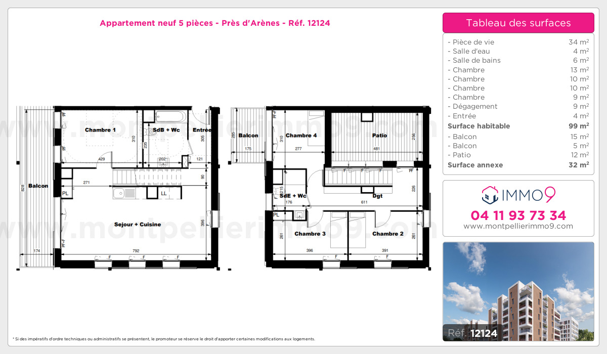 Plan et surfaces, Programme neuf Montpellier : Près d'Arènes Référence n° 12124