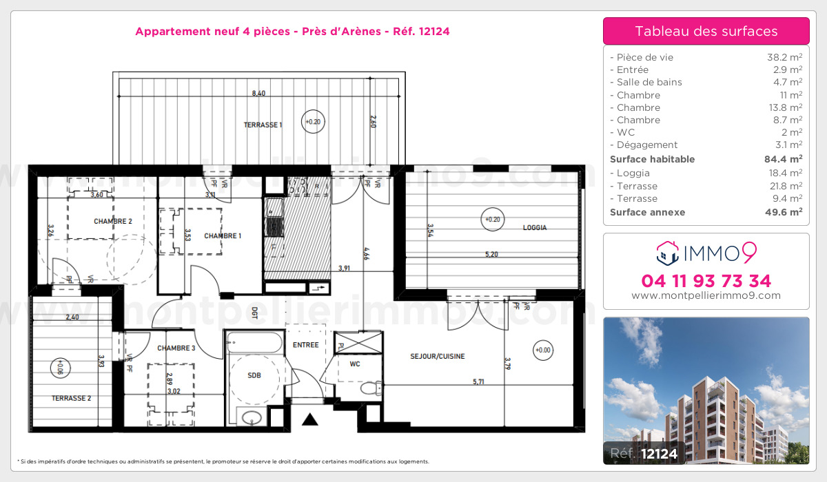 Plan et surfaces, Programme neuf Montpellier : Près d'Arènes Référence n° 12124