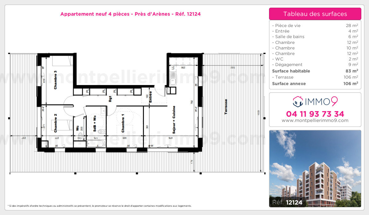 Plan et surfaces, Programme neuf Montpellier : Près d'Arènes Référence n° 12124