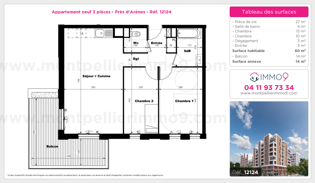 Plan et surfaces, Programme neuf Montpellier : Près d'Arènes Référence n° 12124