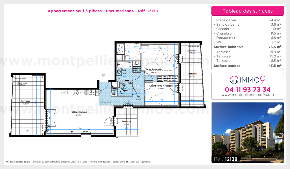 Plan et surfaces, Programme neuf Montpellier : Port marianne Référence n° 12138