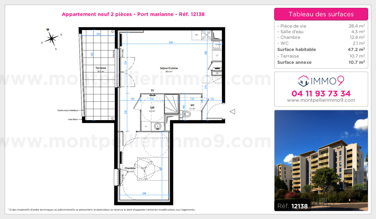 Plan et surfaces, Programme neuf Montpellier : Port marianne Référence n° 12138