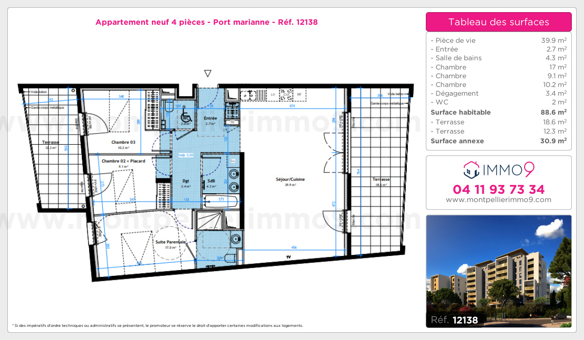 Plan et surfaces, Programme neuf Montpellier : Port marianne Référence n° 12138