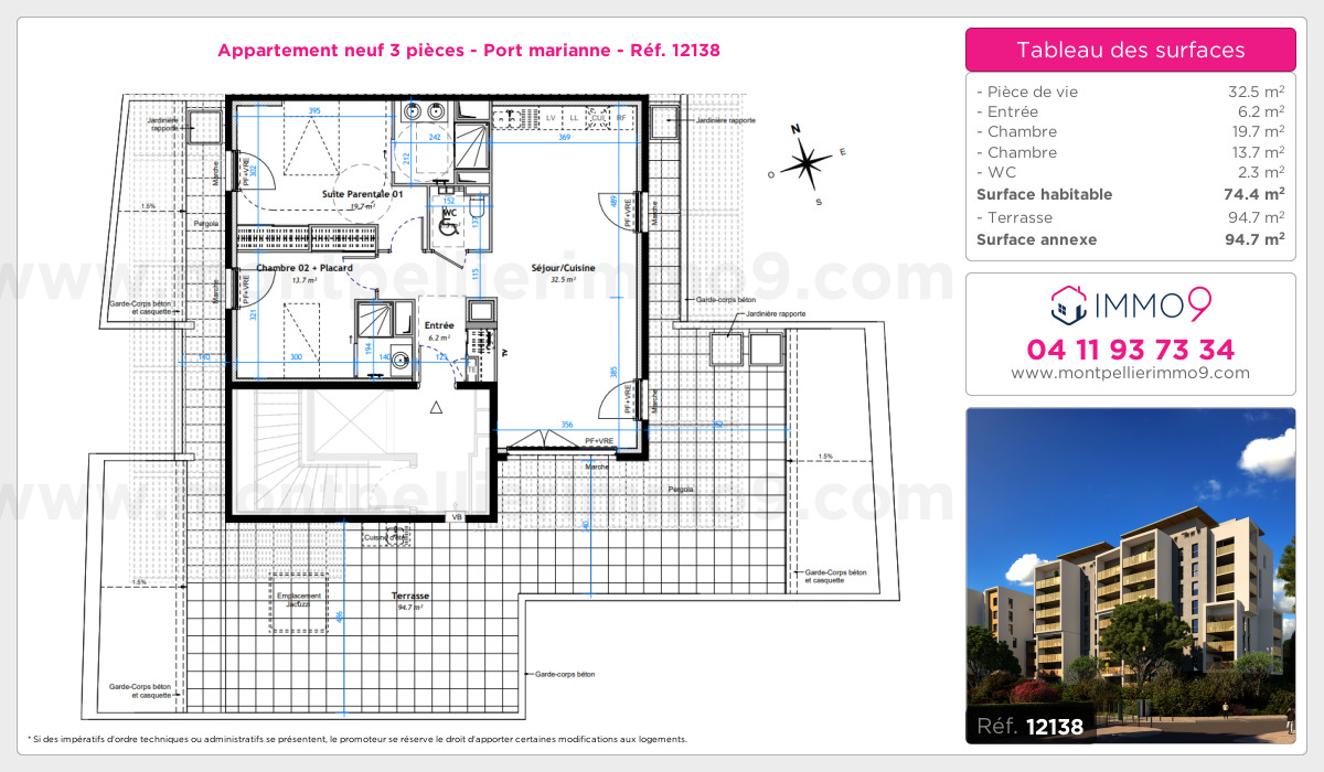 Plan et surfaces, Programme neuf Montpellier : Port marianne Référence n° 12138