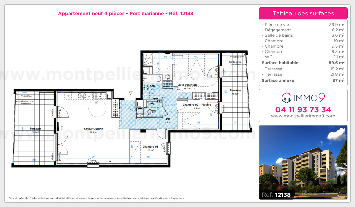 Plan et surfaces, Programme neuf Montpellier : Port marianne Référence n° 12138