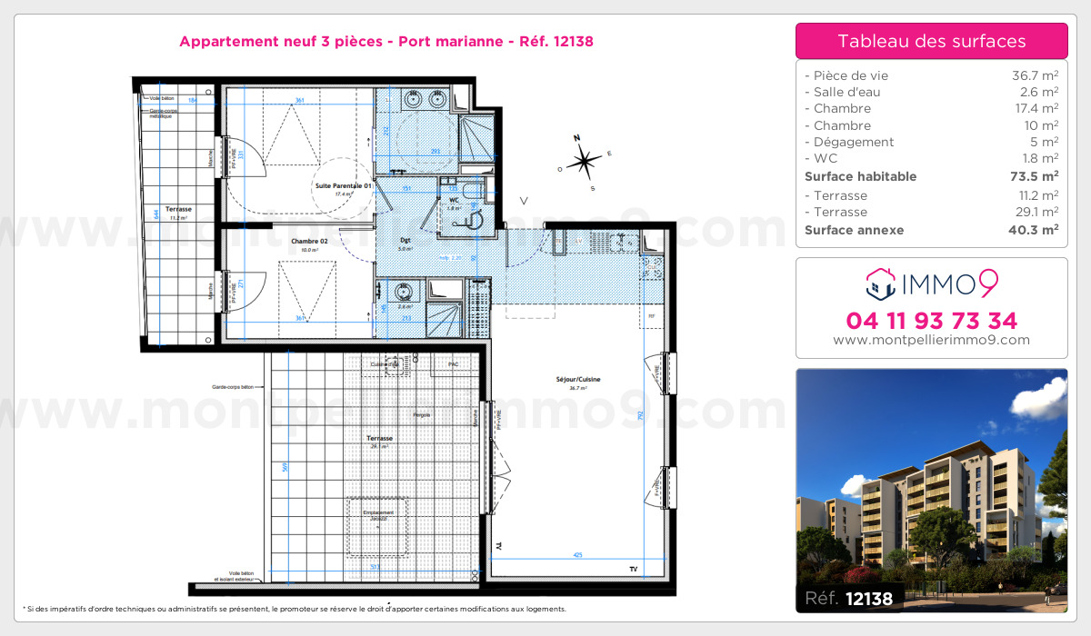 Plan et surfaces, Programme neuf Montpellier : Port marianne Référence n° 12138