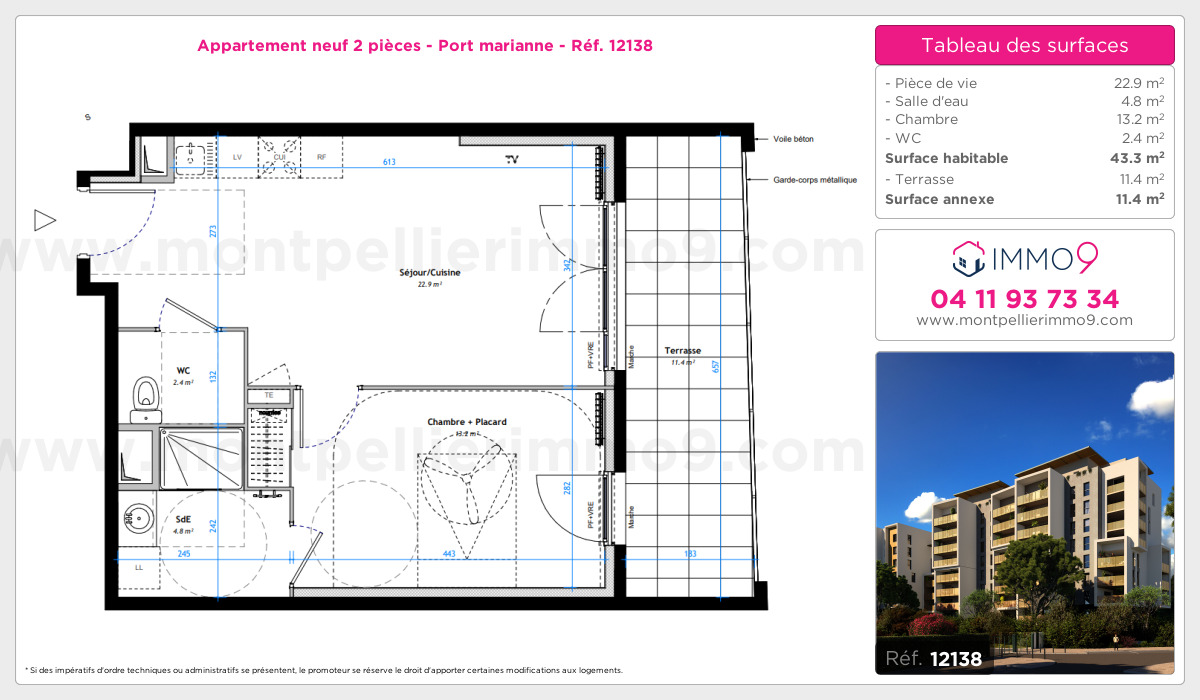 Plan et surfaces, Programme neuf Montpellier : Port marianne Référence n° 12138
