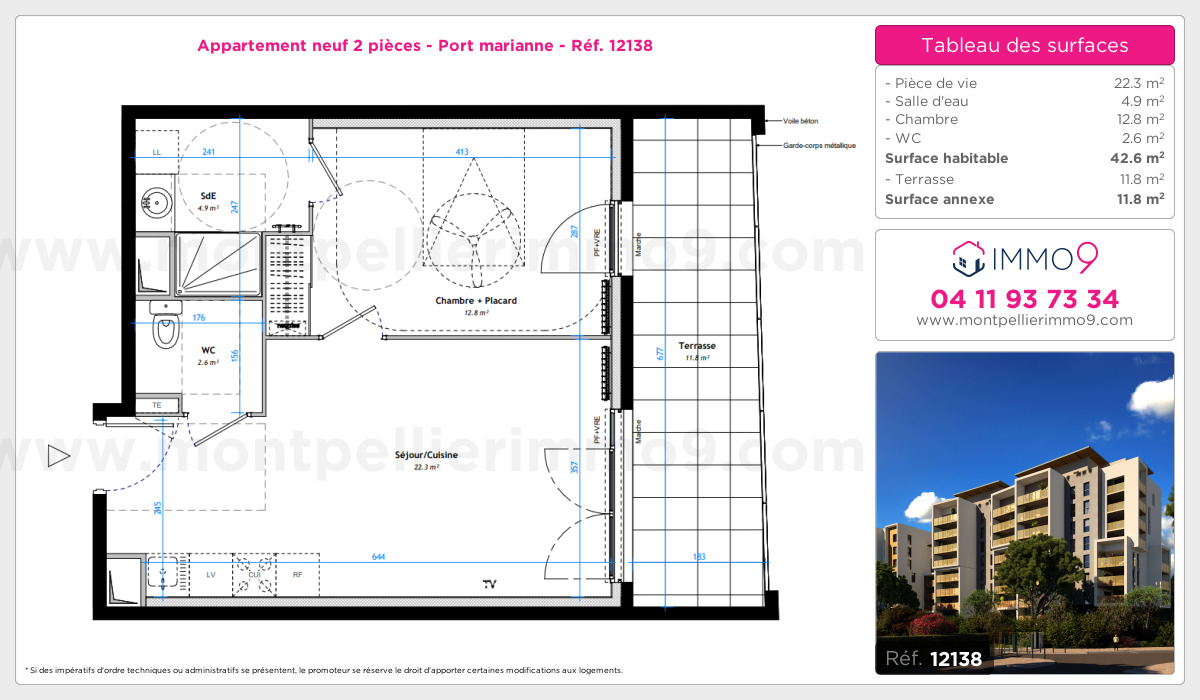 Plan et surfaces, Programme neuf Montpellier : Port marianne Référence n° 12138