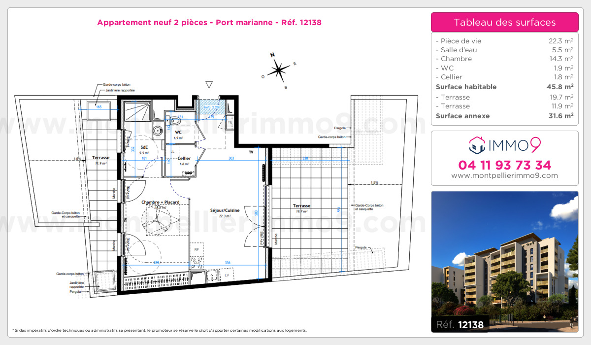 Plan et surfaces, Programme neuf Montpellier : Port marianne Référence n° 12138