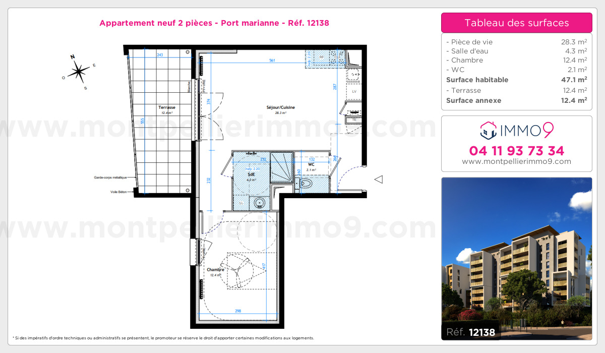 Plan et surfaces, Programme neuf Montpellier : Port marianne Référence n° 12138