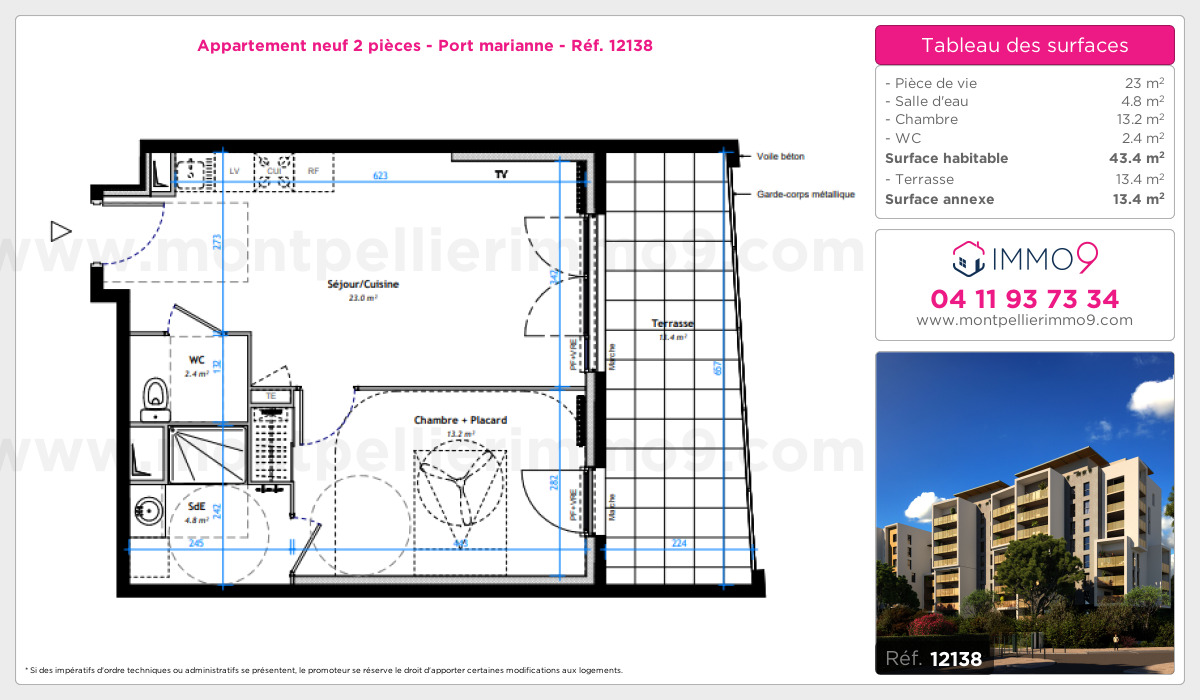 Plan et surfaces, Programme neuf Montpellier : Port marianne Référence n° 12138