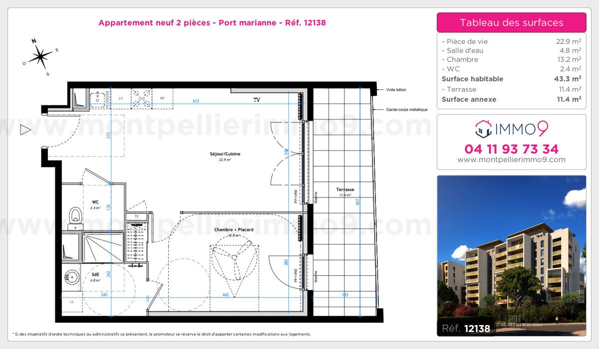 Plan et surfaces, Programme neuf Montpellier : Port marianne Référence n° 12138