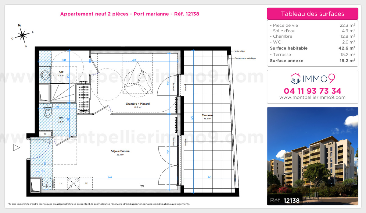 Plan et surfaces, Programme neuf Montpellier : Port marianne Référence n° 12138